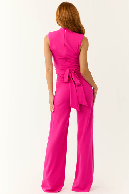 Magenta Lace Up Chain Sleeveless Jumpsuit