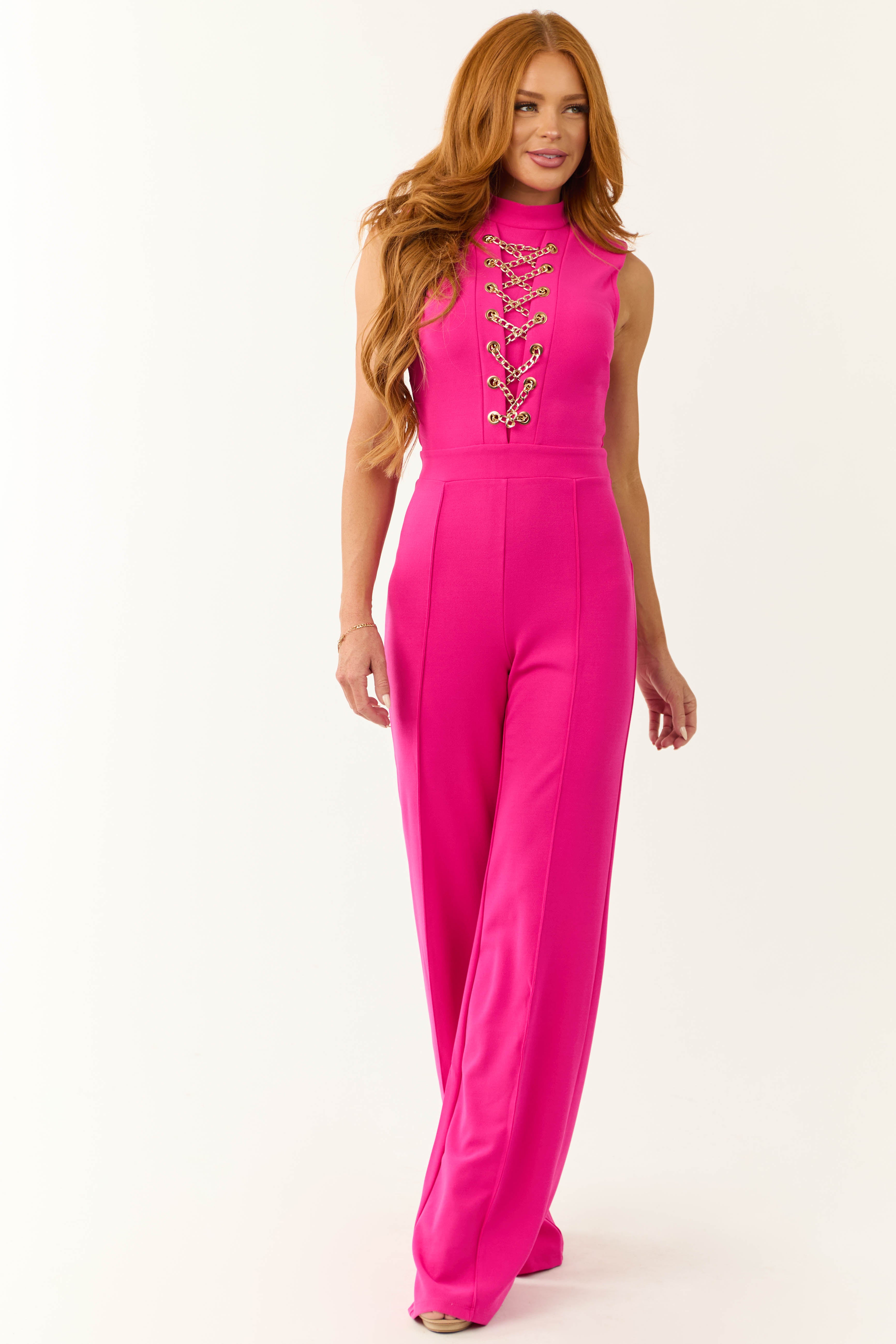 Magenta Lace Up Chain Sleeveless Jumpsuit