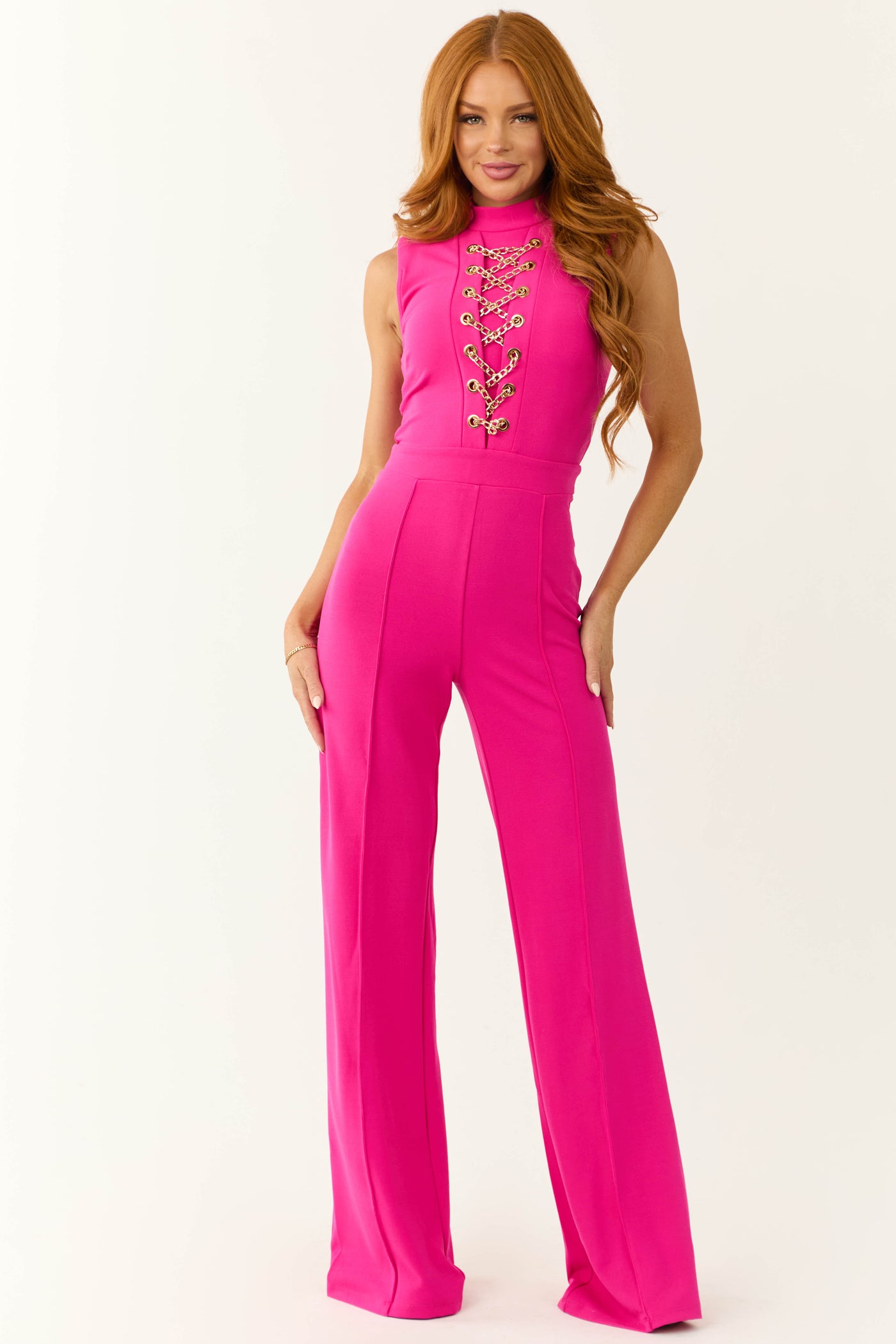 Magenta Lace Up Chain Sleeveless Jumpsuit