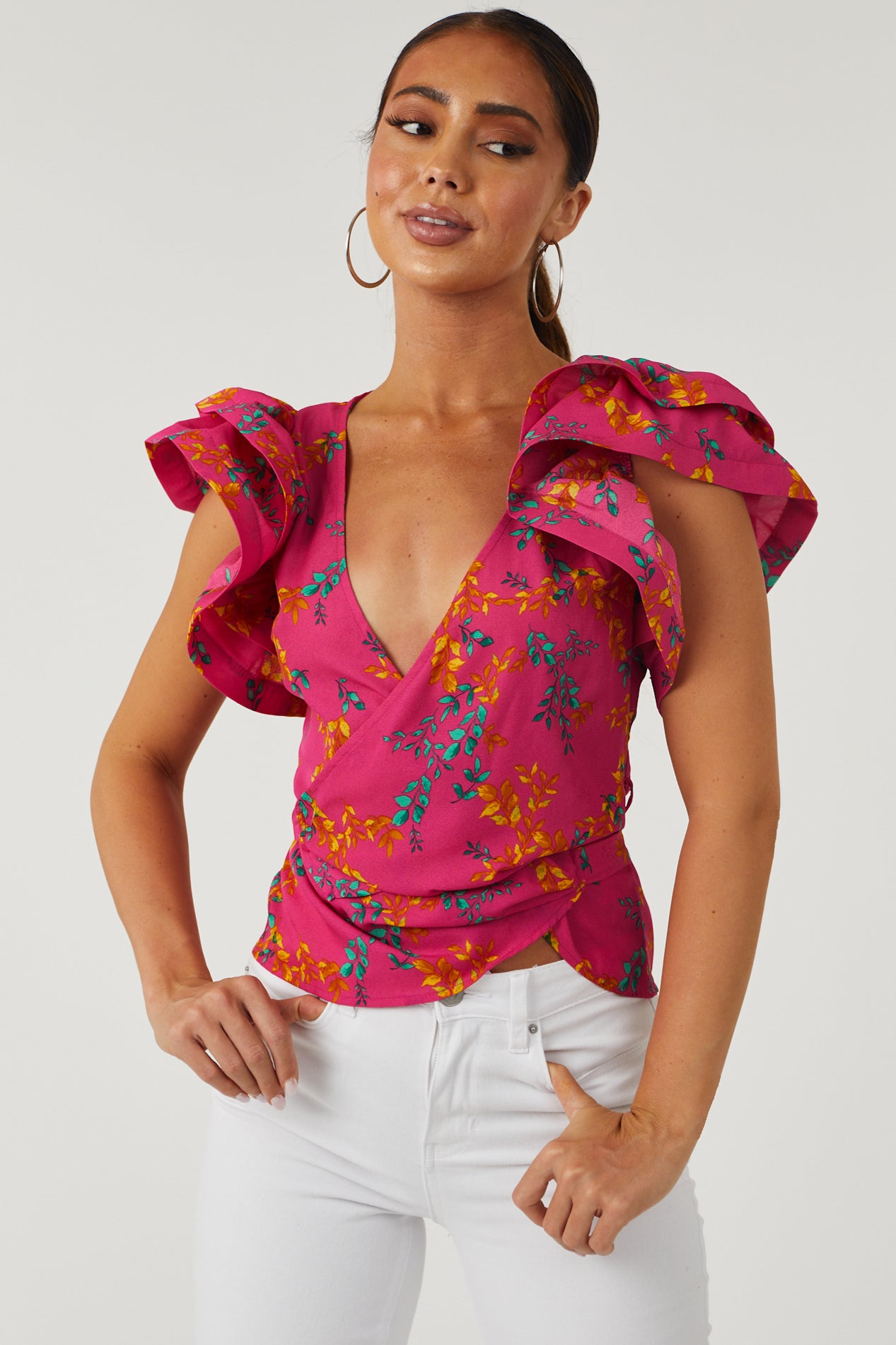 Magenta Leaf Print Wrap Style Blouse