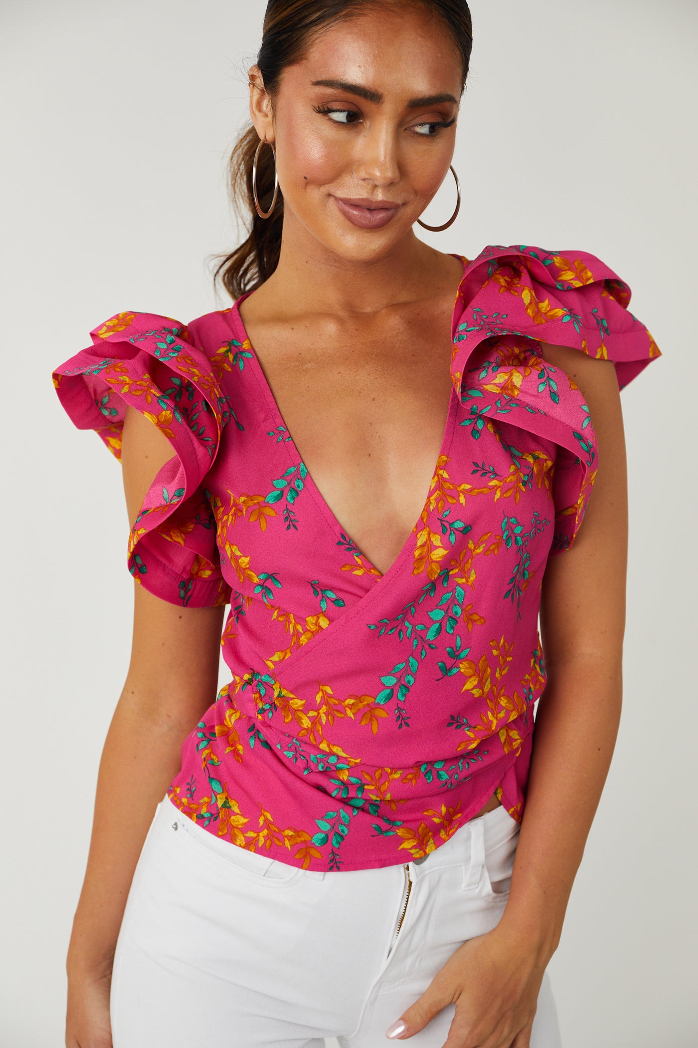 Magenta Leaf Print Wrap Style Blouse