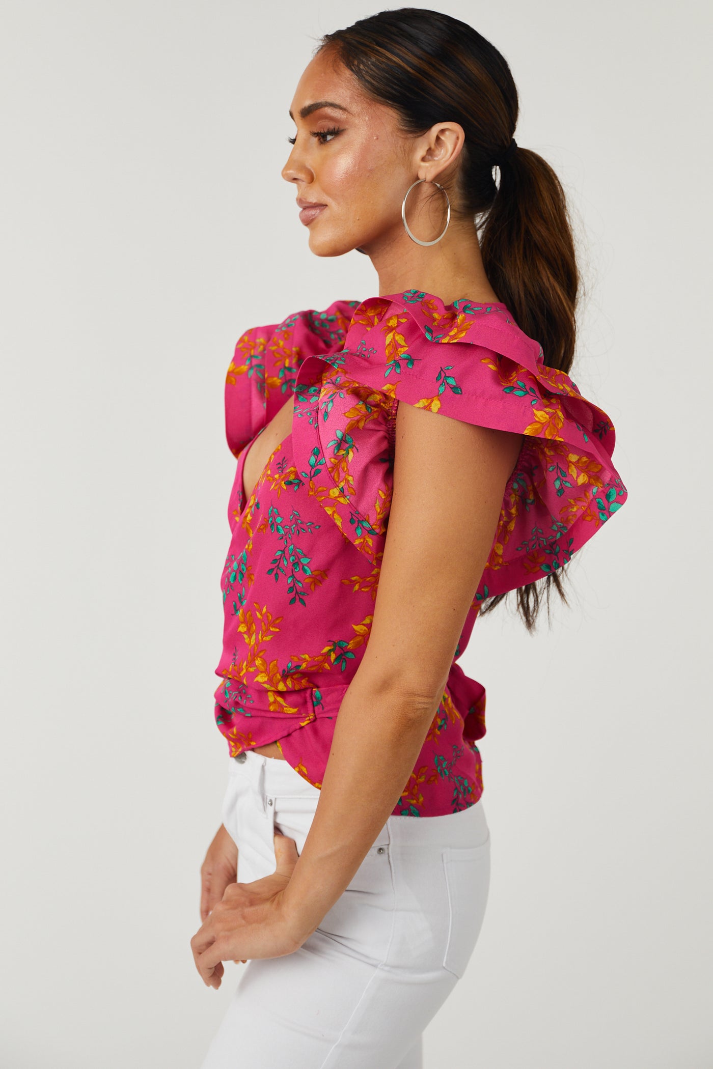 Magenta Leaf Print Wrap Style Blouse