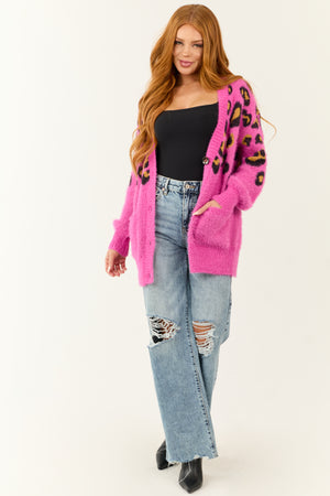 Magenta Leopard Print Button Down Cardigan