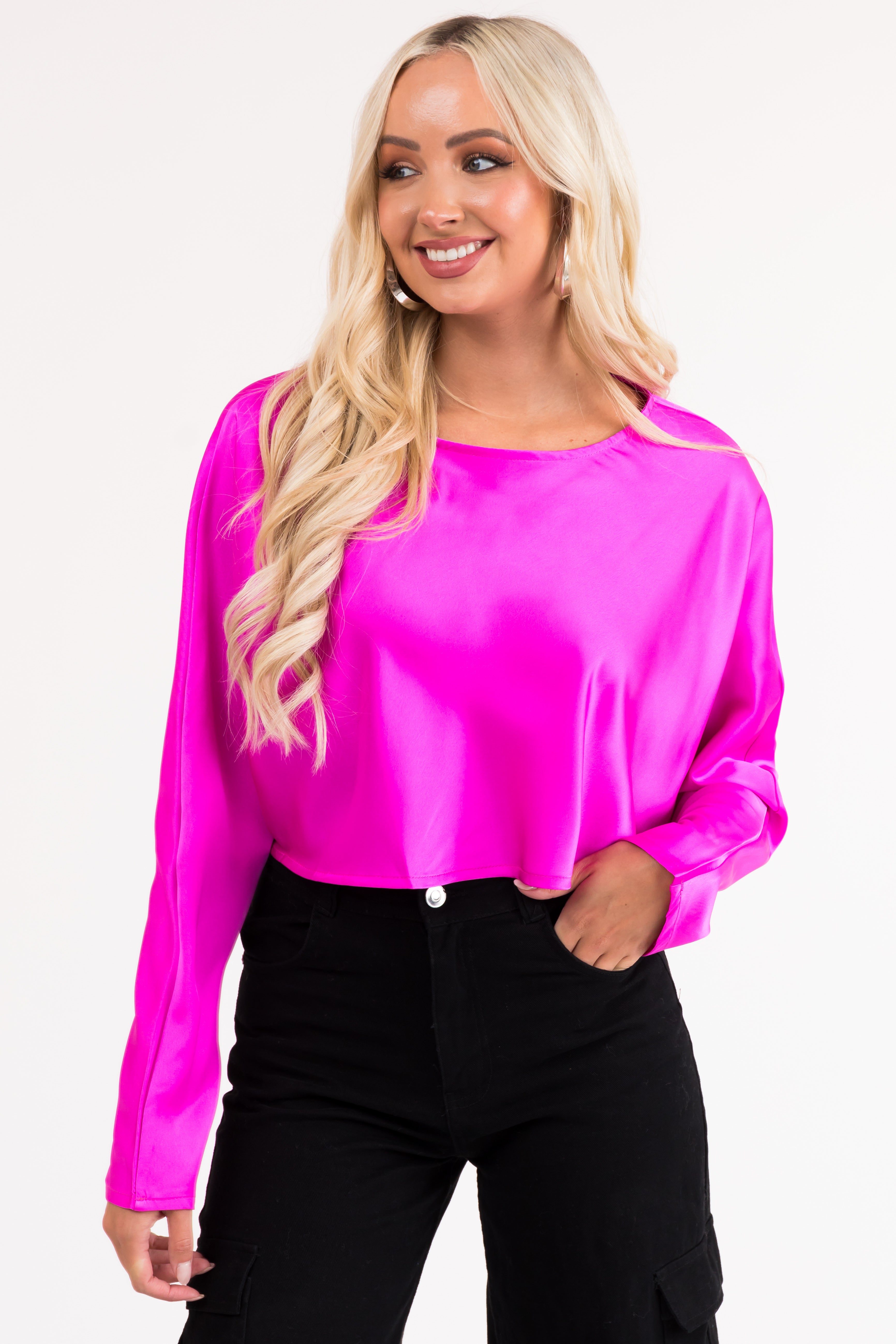 Magenta Long Sleeve Satin Cropped Blouse