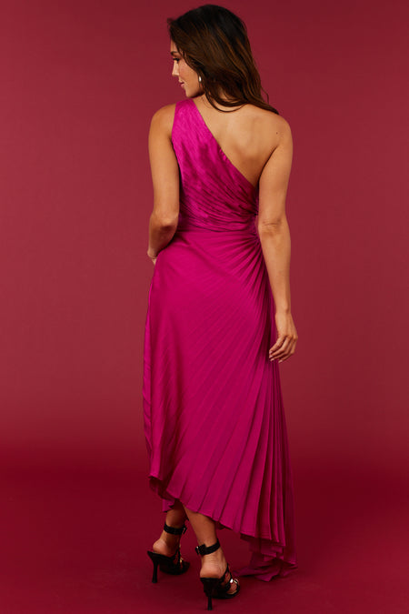 Magenta One Shoulder Side Cut Out Pleated Midi Dress