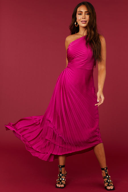 Magenta One Shoulder Side Cut Out Pleated Midi Dress