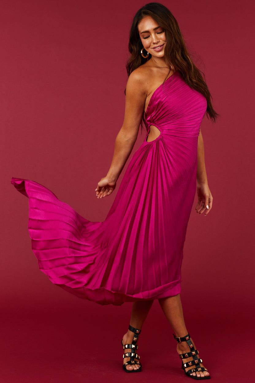 Magenta One Shoulder Side Cut Out Pleated Midi Dress