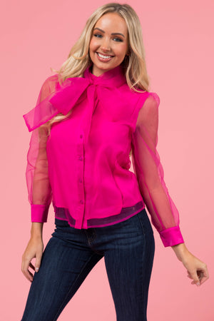 Magenta Organza Fabric Button Up Neck Tie Blouse