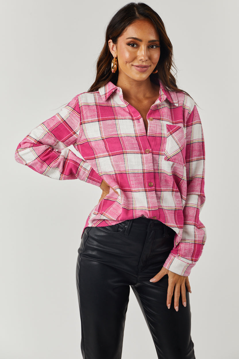 Magenta Plaid Cotton Lightweight Shirt Jacket