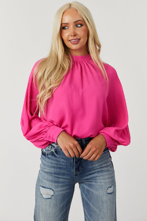 Magenta Pleated Bishop Sleeve High Neck Blouse