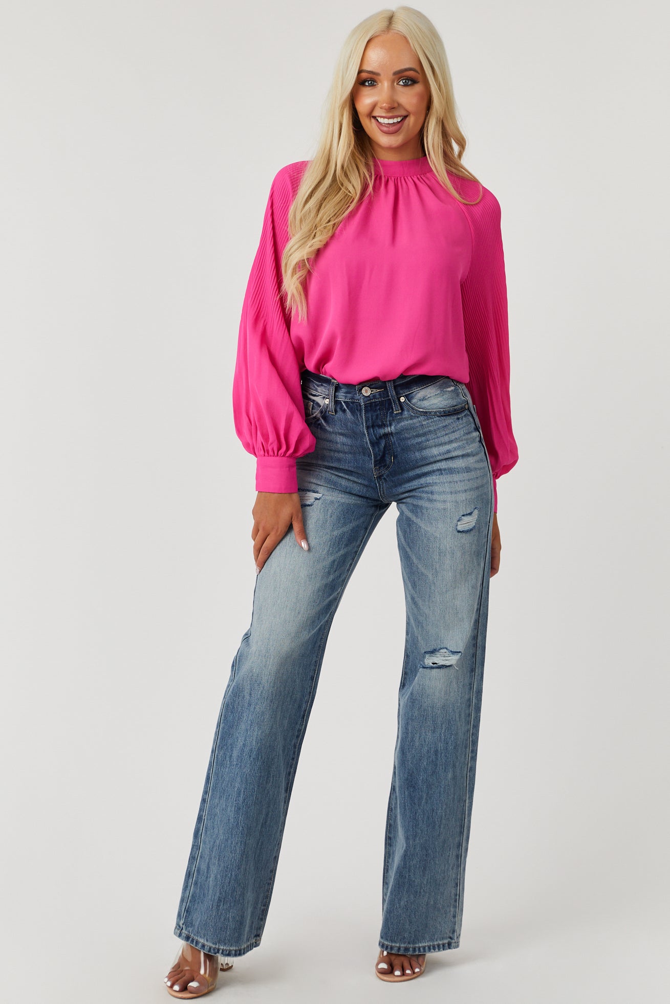 Magenta Pleated Bishop Sleeve High Neck Blouse