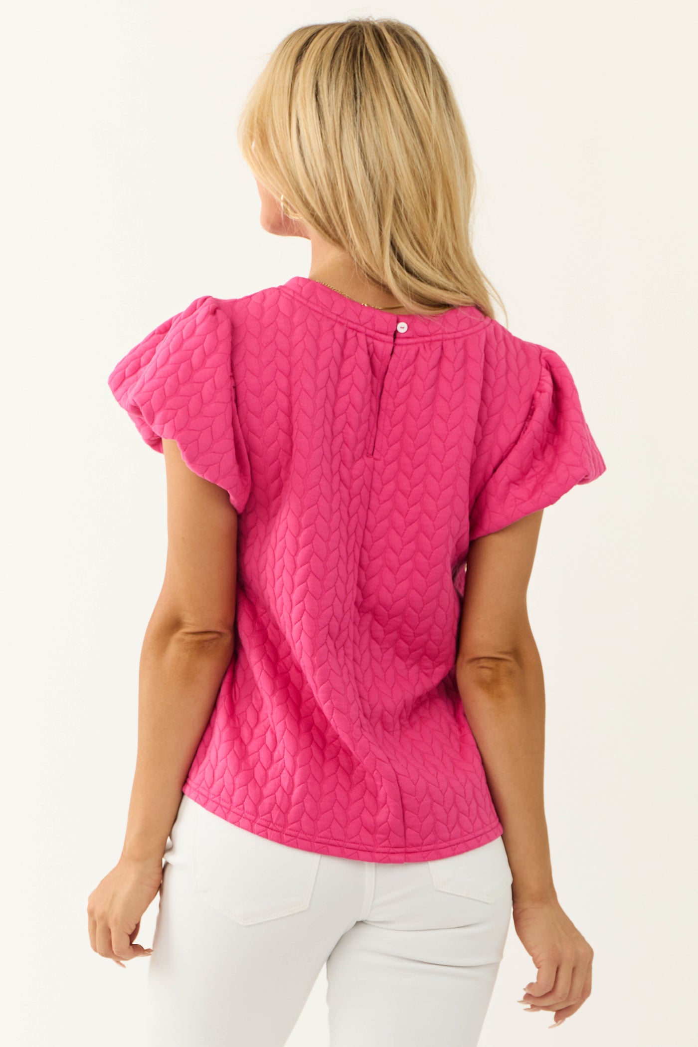 Magenta Quilted Stripe Detail Puff Sleeve Top