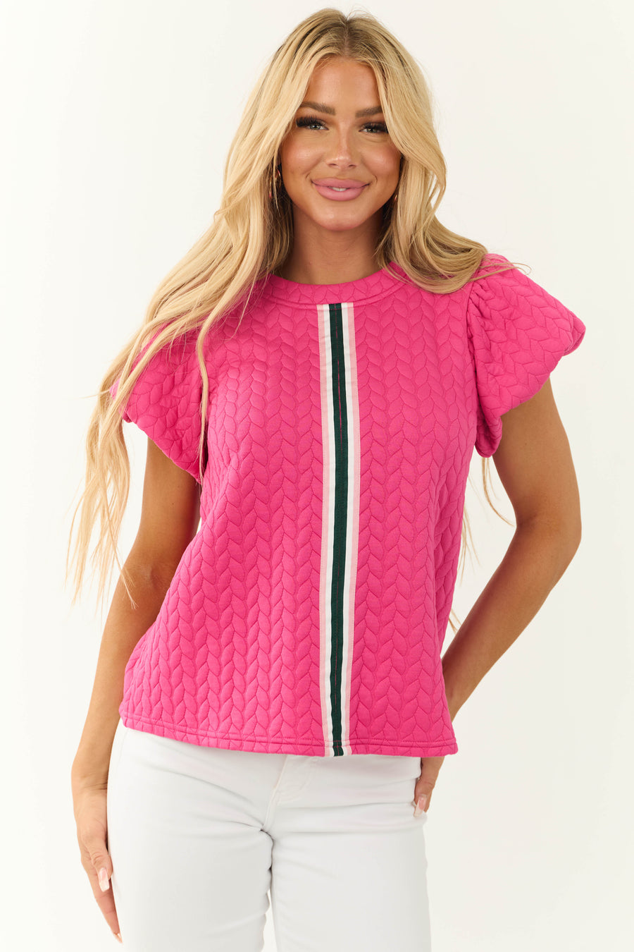 Magenta Quilted Stripe Detail Puff Sleeve Top