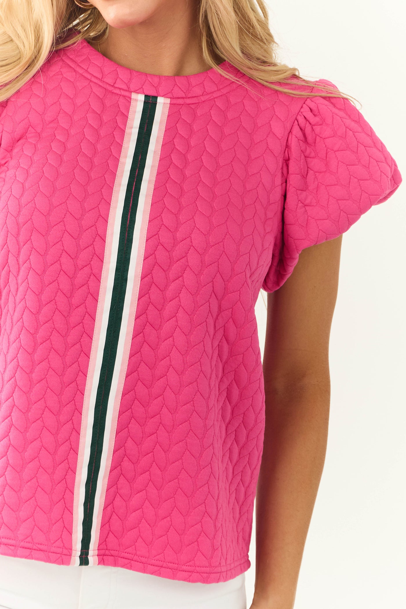 Magenta Quilted Stripe Detail Puff Sleeve Top