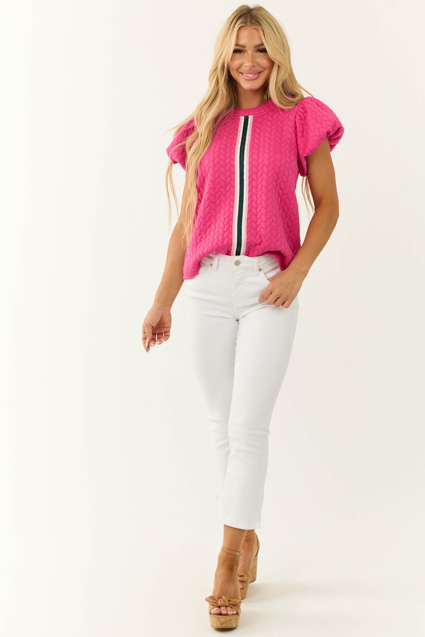 Magenta Quilted Stripe Detail Puff Sleeve Top