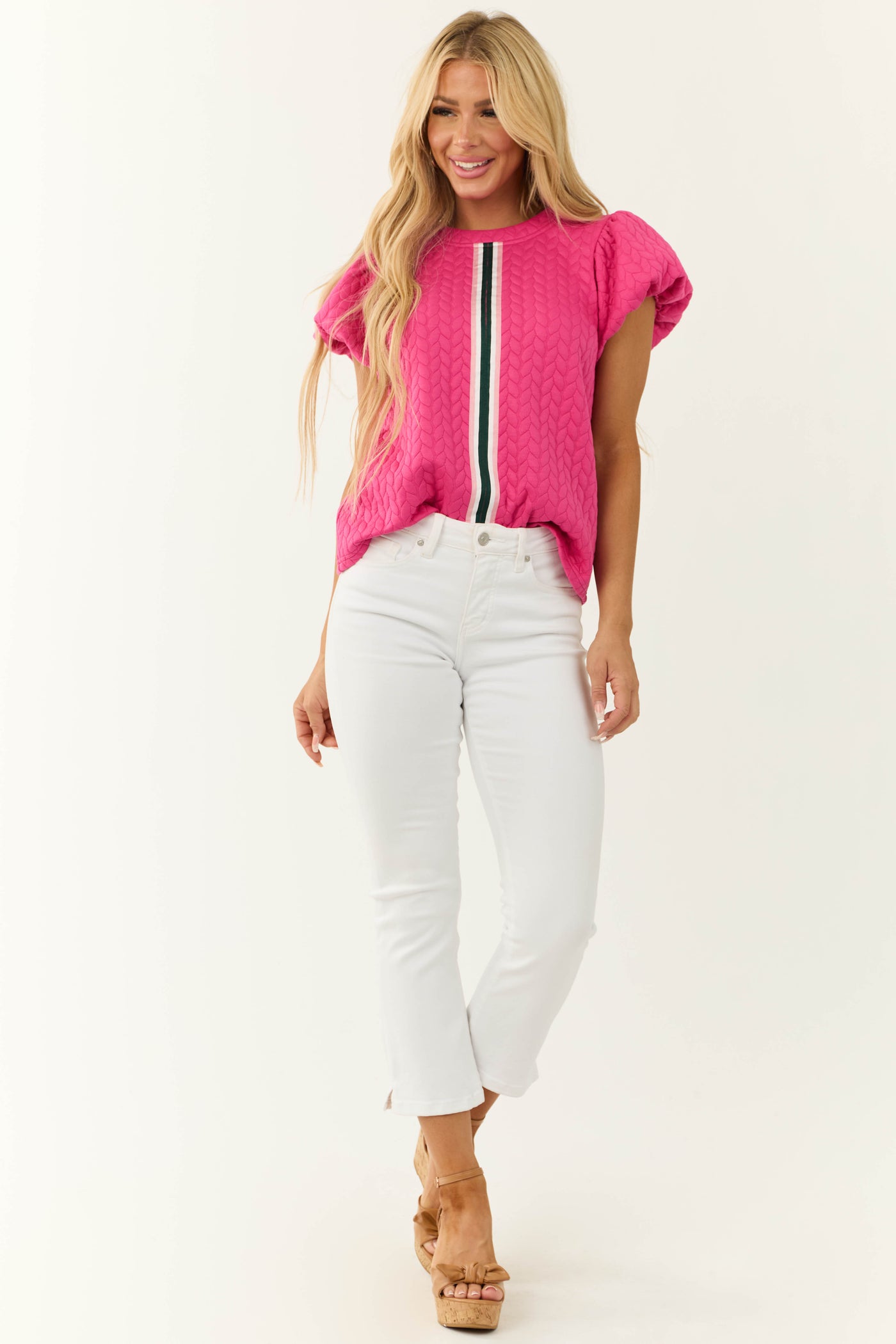 Magenta Quilted Stripe Detail Puff Sleeve Top