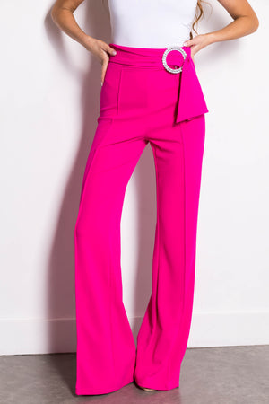 Magenta Rhinestone Buckle Sash Wide Leg Pants