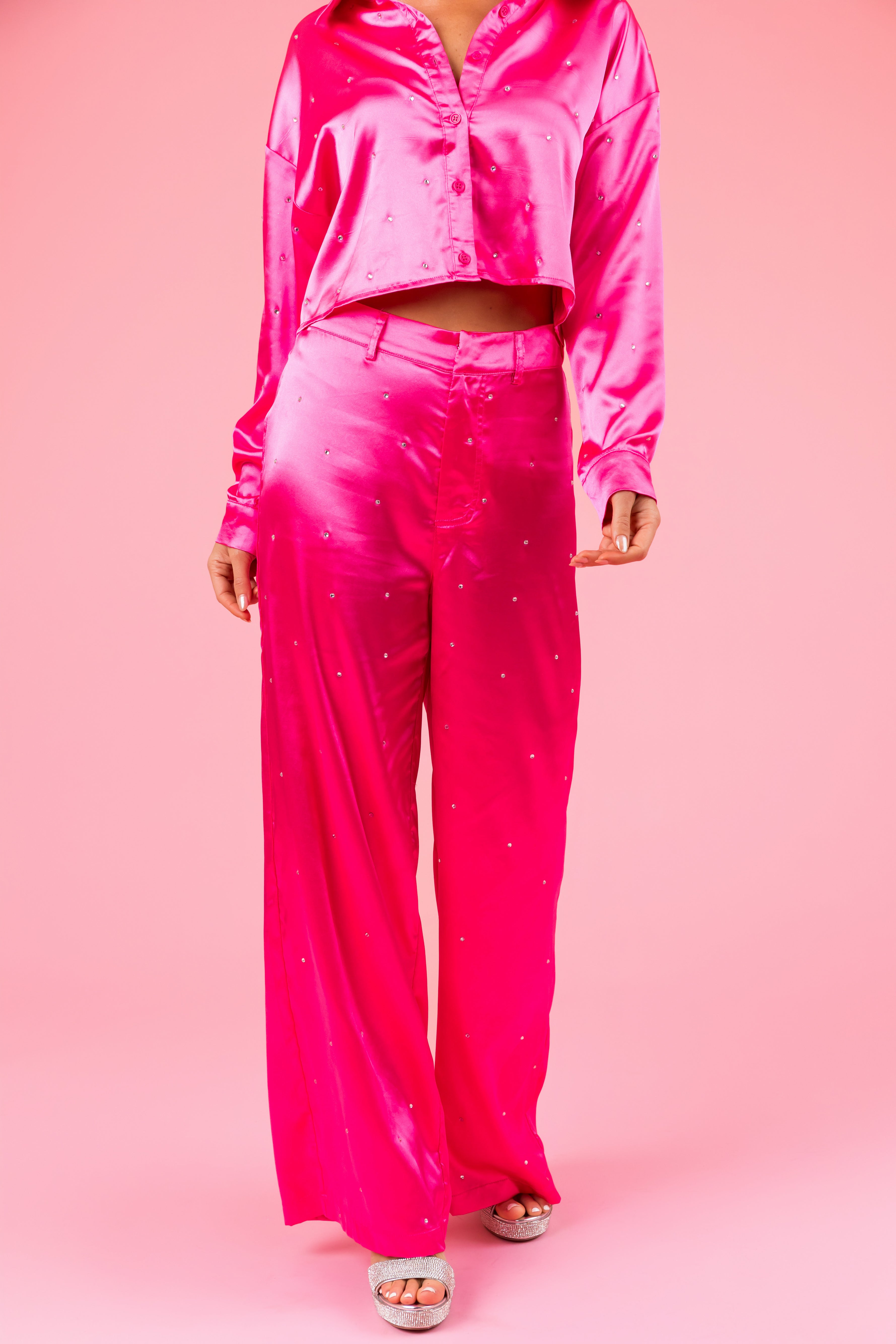 Magenta Rhinestone Detail High Waisted Pants