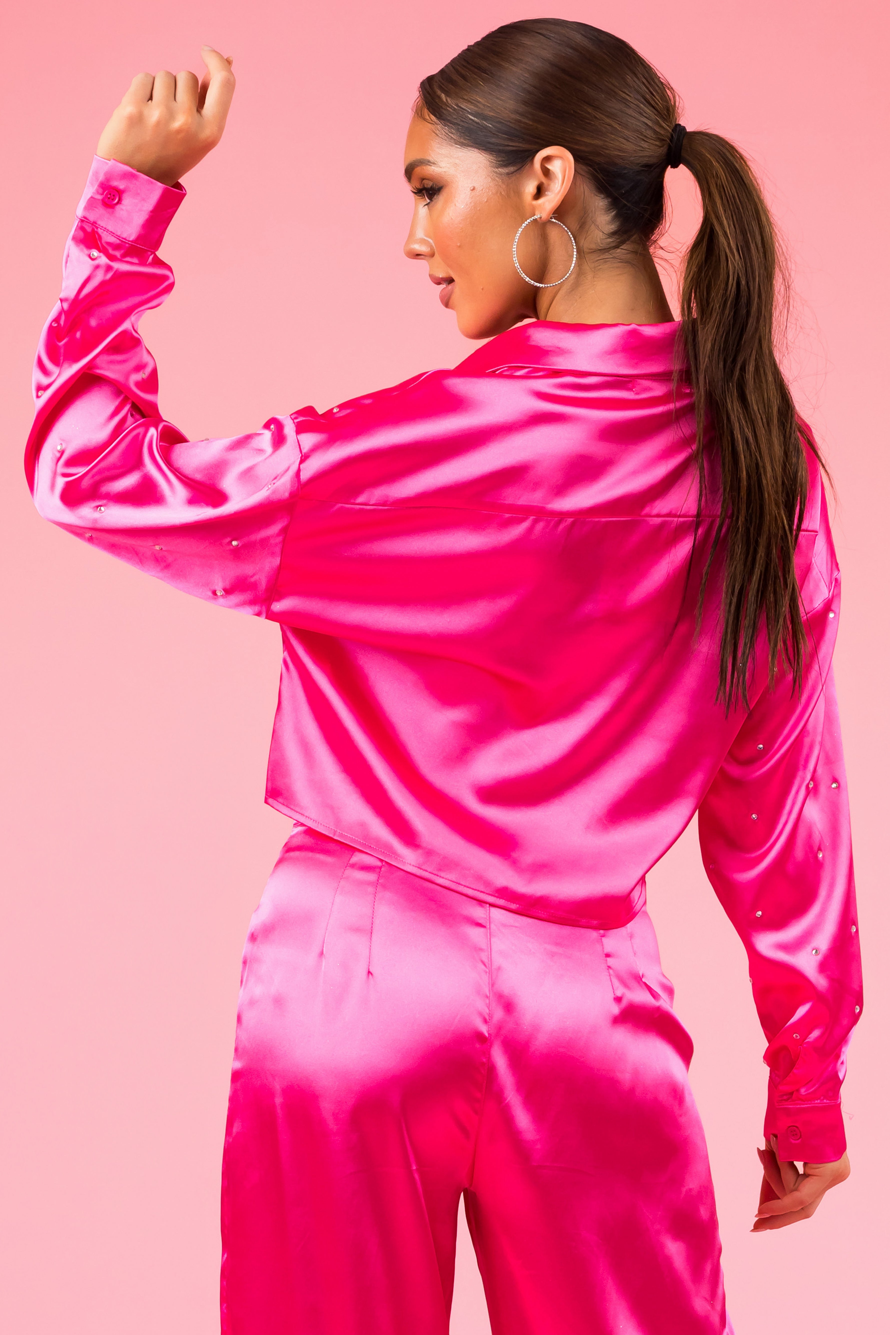 Magenta Rhinestone Detail Long Sleeve Crop Top