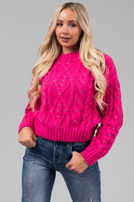 Magenta Rhinestone Studded Cable Knit Sweater