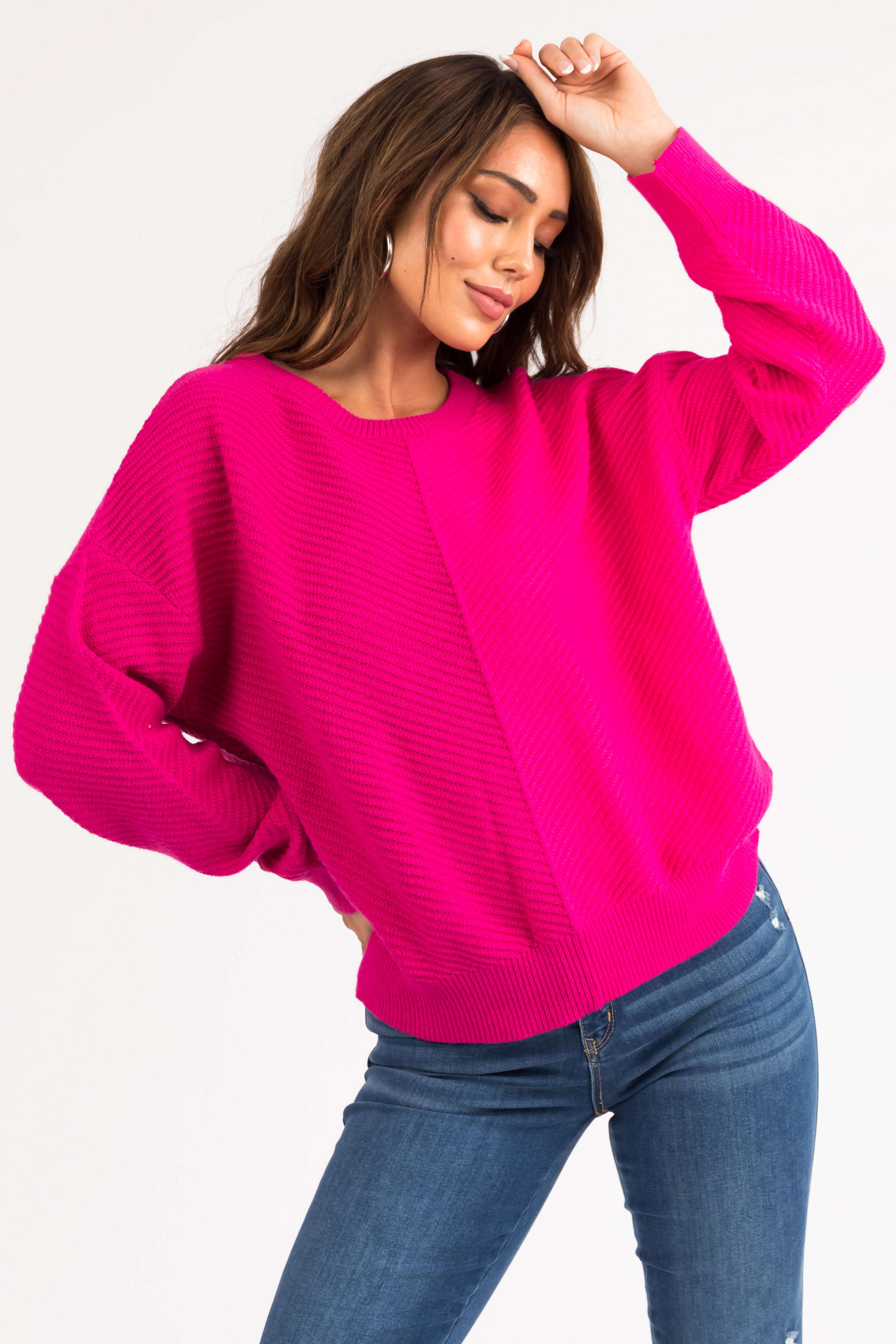 She+Sky Magenta Ribbed Knit Crew Neck Sweater | Lime Lush