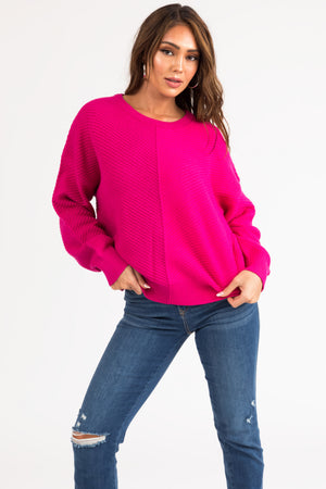 Magenta Ribbed Knit Crew Neck Sweater