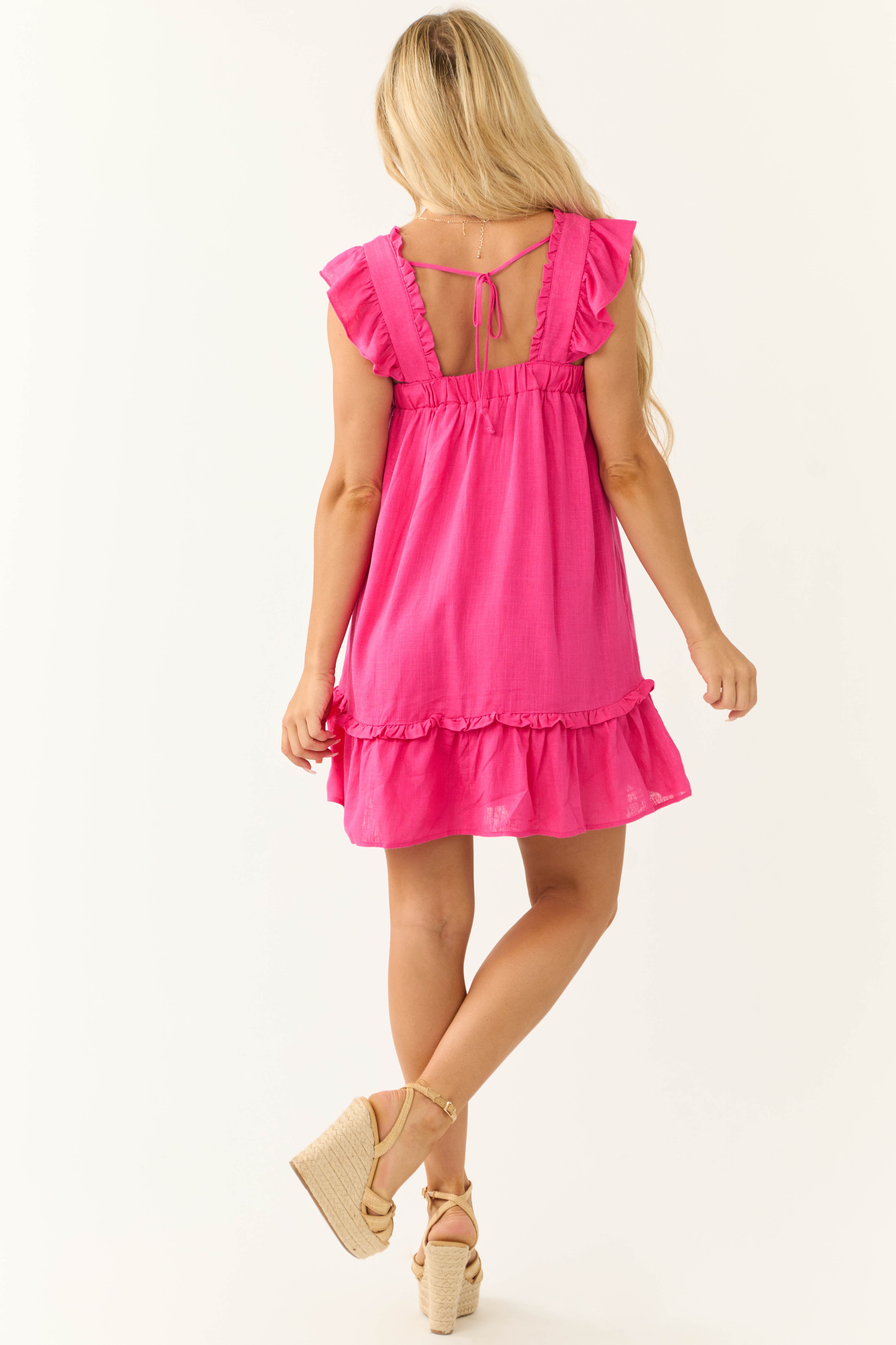 Magenta Ruffle Sleeve Open Back Short Dress