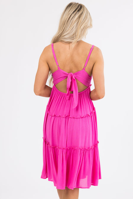 Magenta Ruffle Tiered V Neck Knee Length Dress