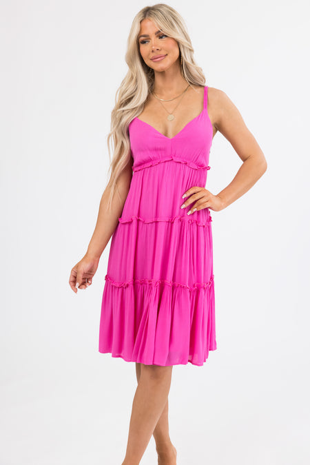 Magenta Ruffle Tiered V Neck Knee Length Dress