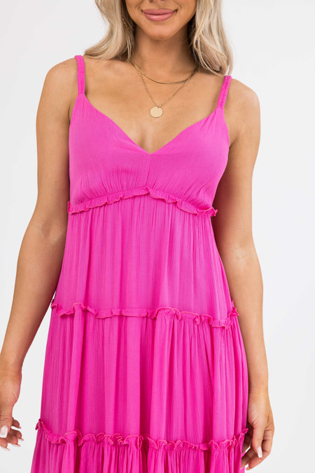 Magenta Ruffle Tiered V Neck Knee Length Dress