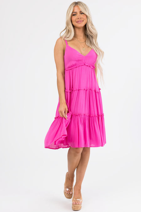 Magenta Ruffle Tiered V Neck Knee Length Dress