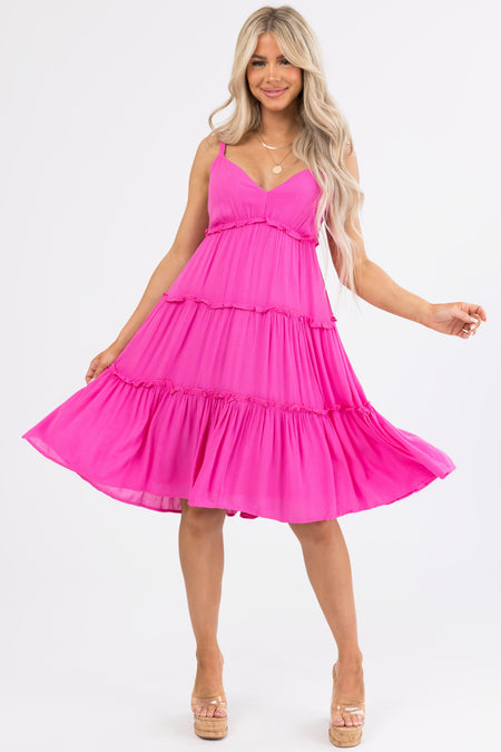 Magenta Ruffle Tiered V Neck Knee Length Dress