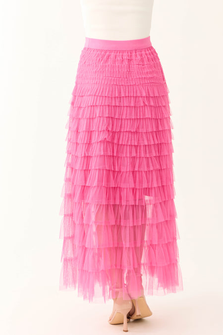 Magenta Ruffle Tulle Elastic Maxi Skirt