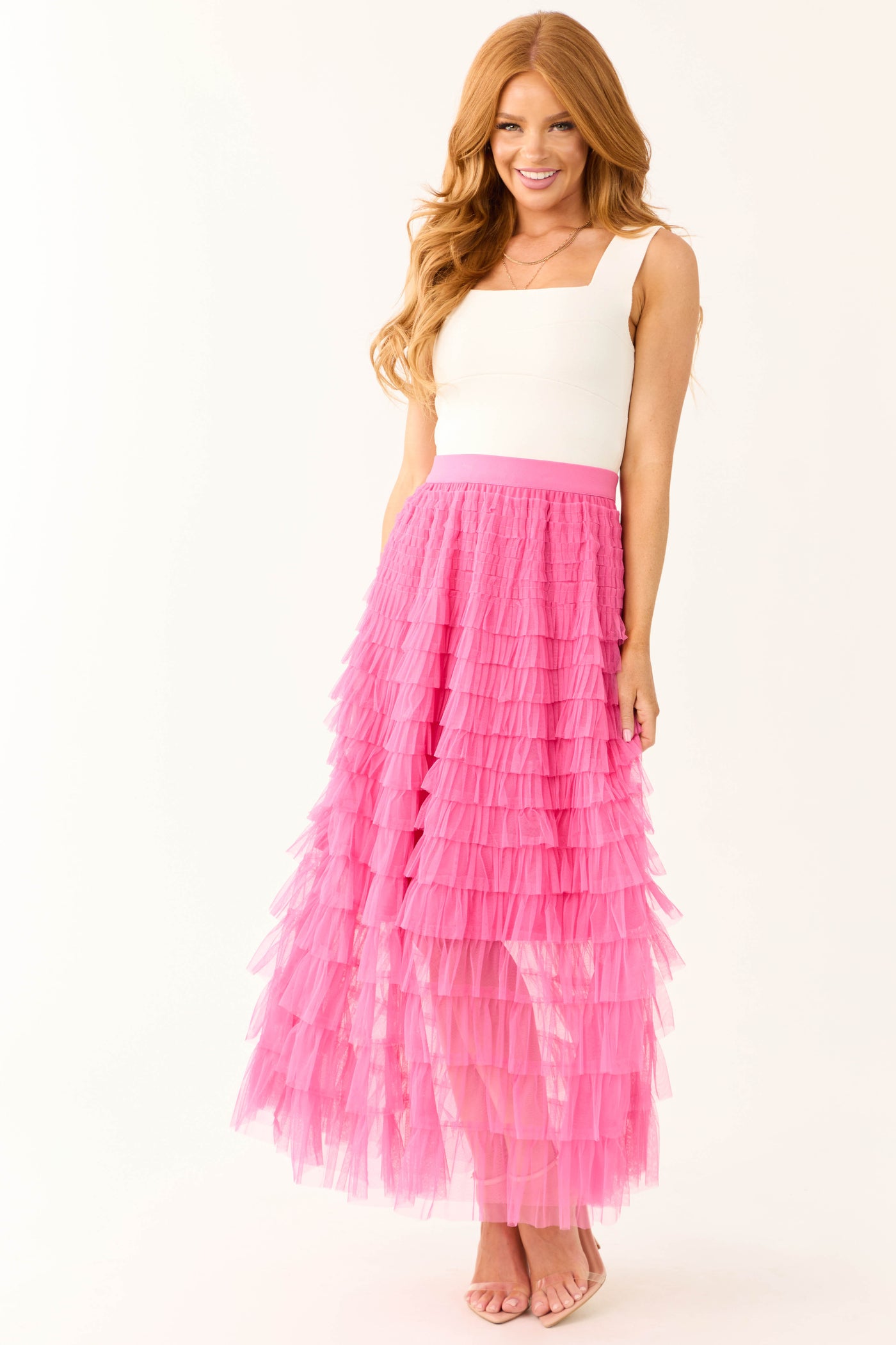 Magenta Ruffle Tulle Elastic Maxi Skirt