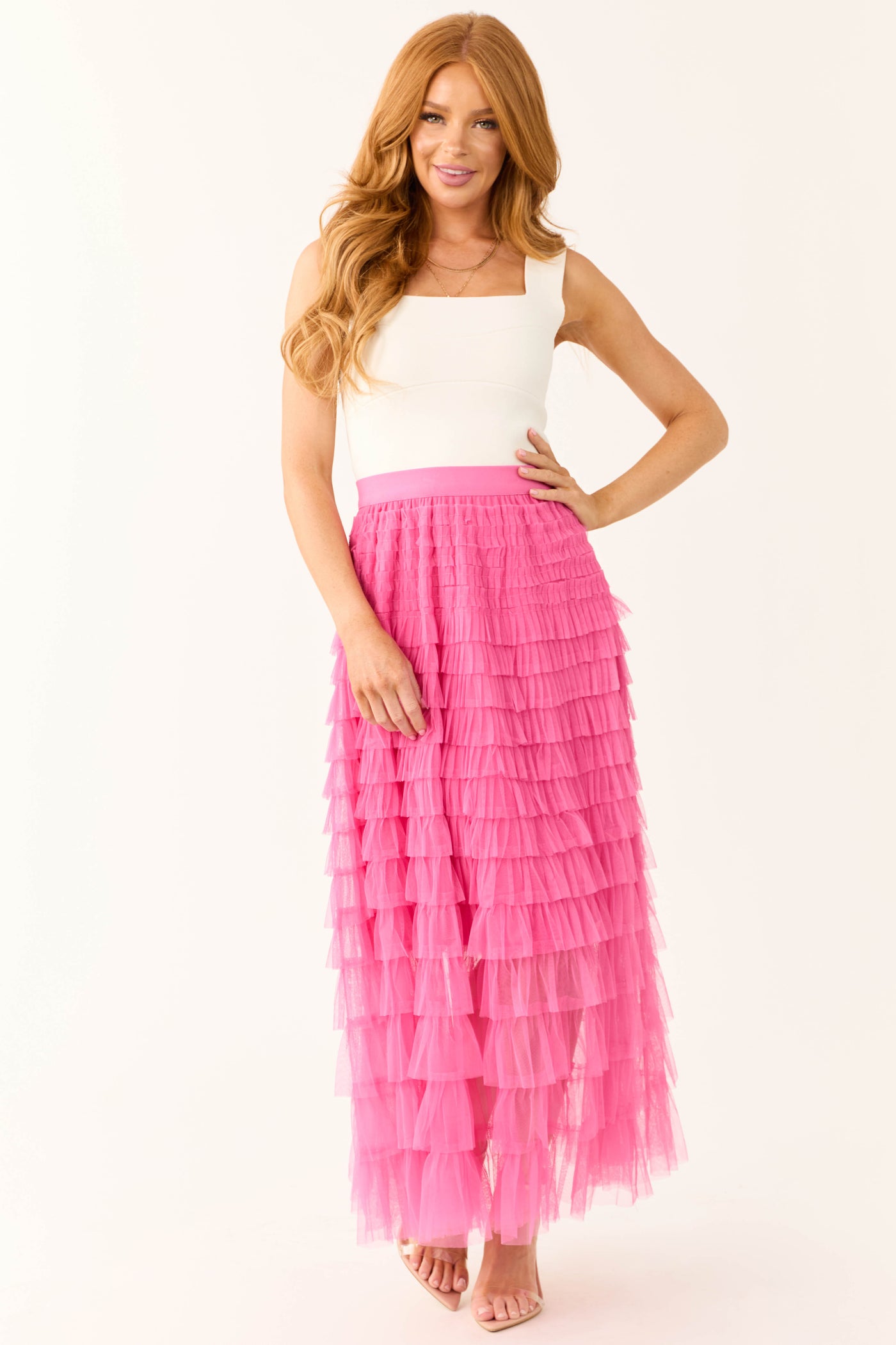 Magenta Ruffle Tulle Elastic Maxi Skirt