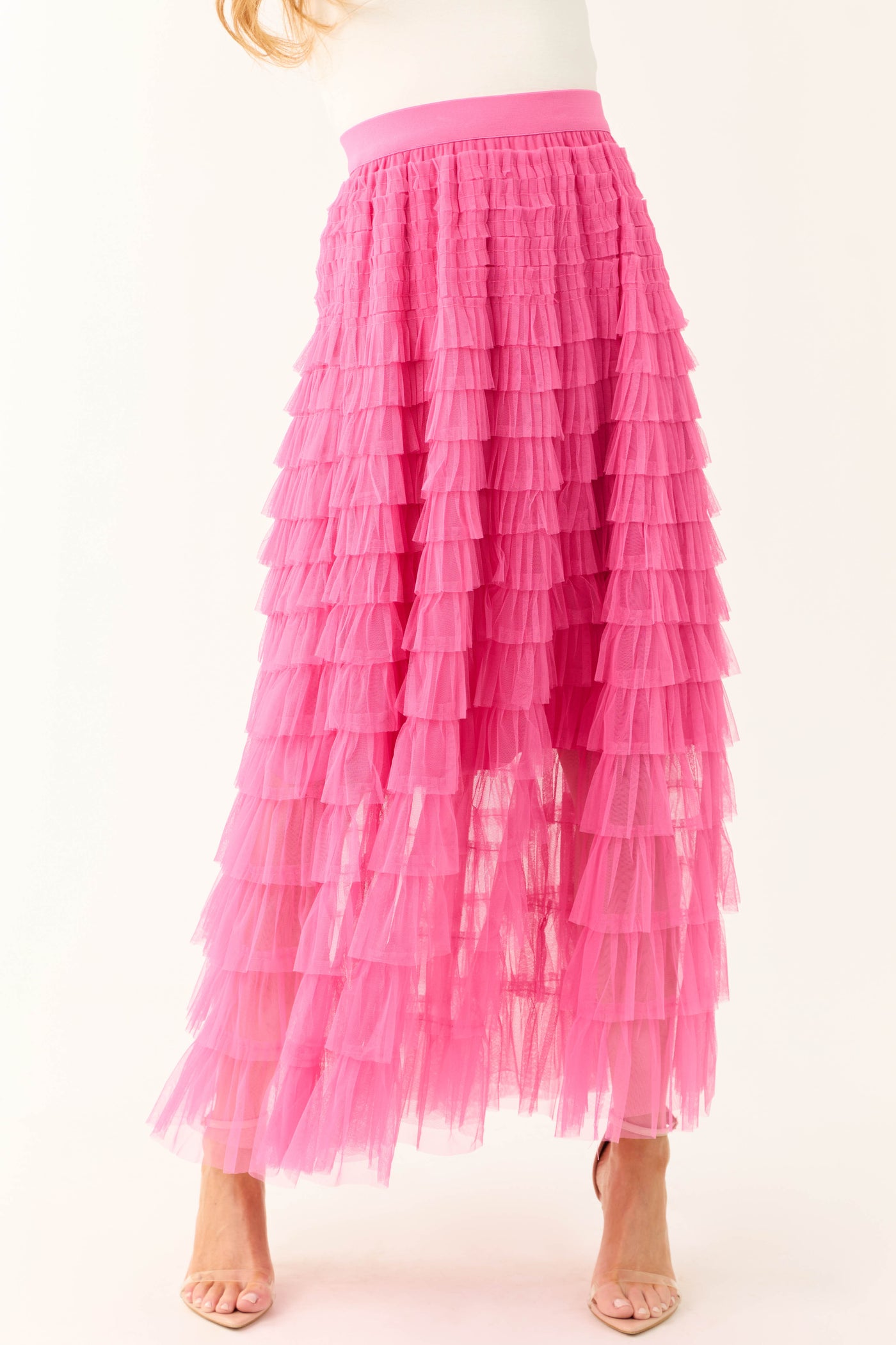 Magenta Ruffle Tulle Elastic Maxi Skirt