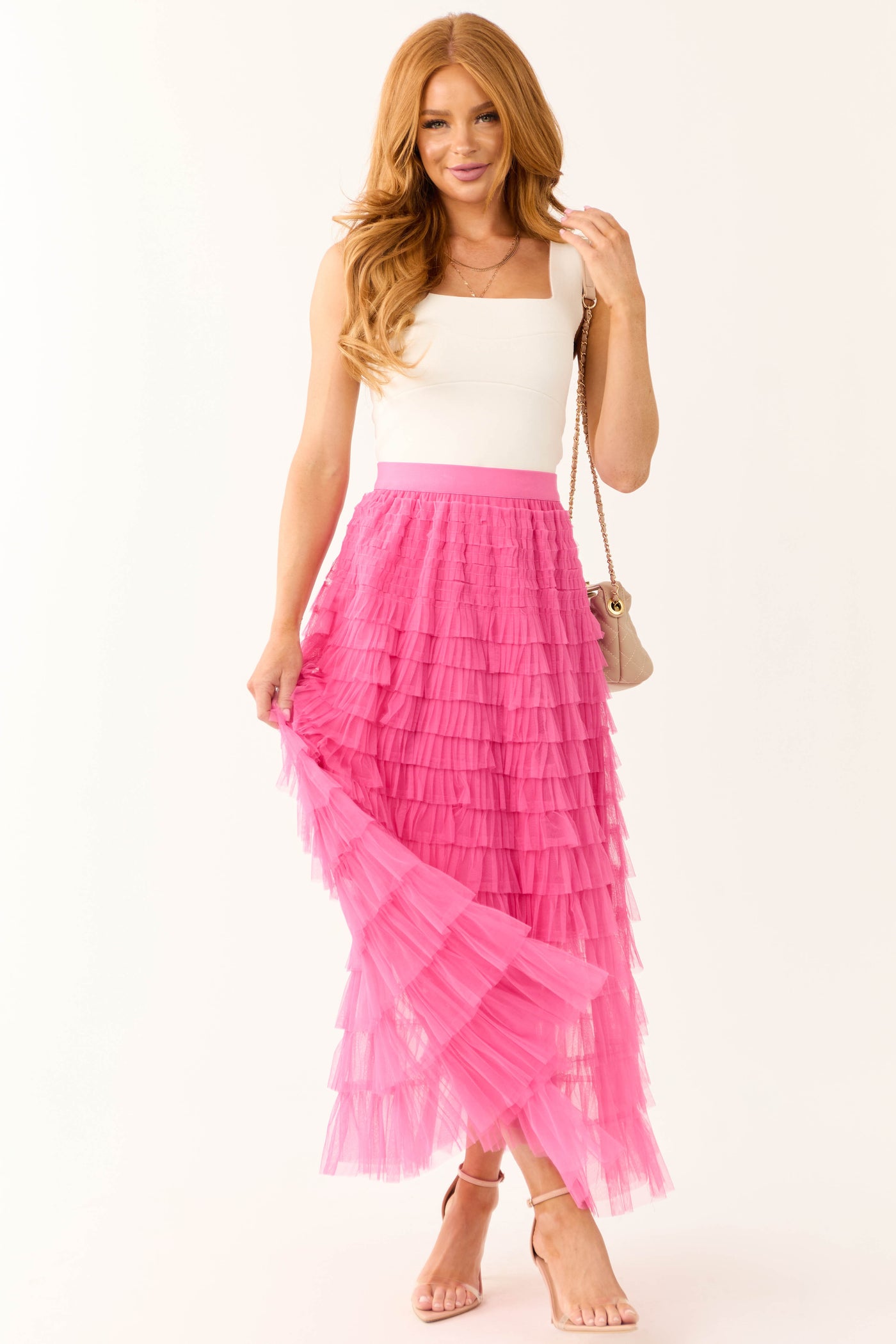 Magenta Ruffle Tulle Elastic Maxi Skirt