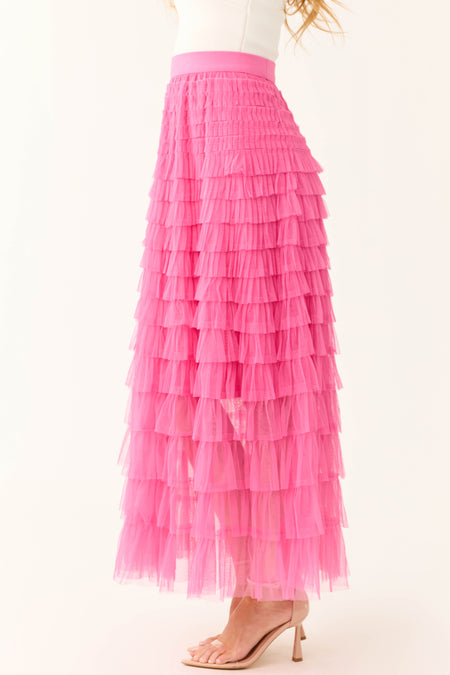 Magenta Ruffle Tulle Elastic Maxi Skirt