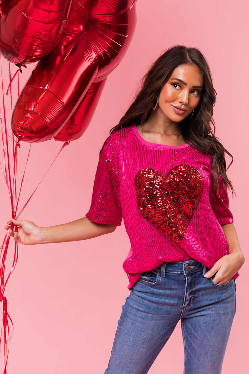 Magenta Sequined Heart Short Sleeve Top