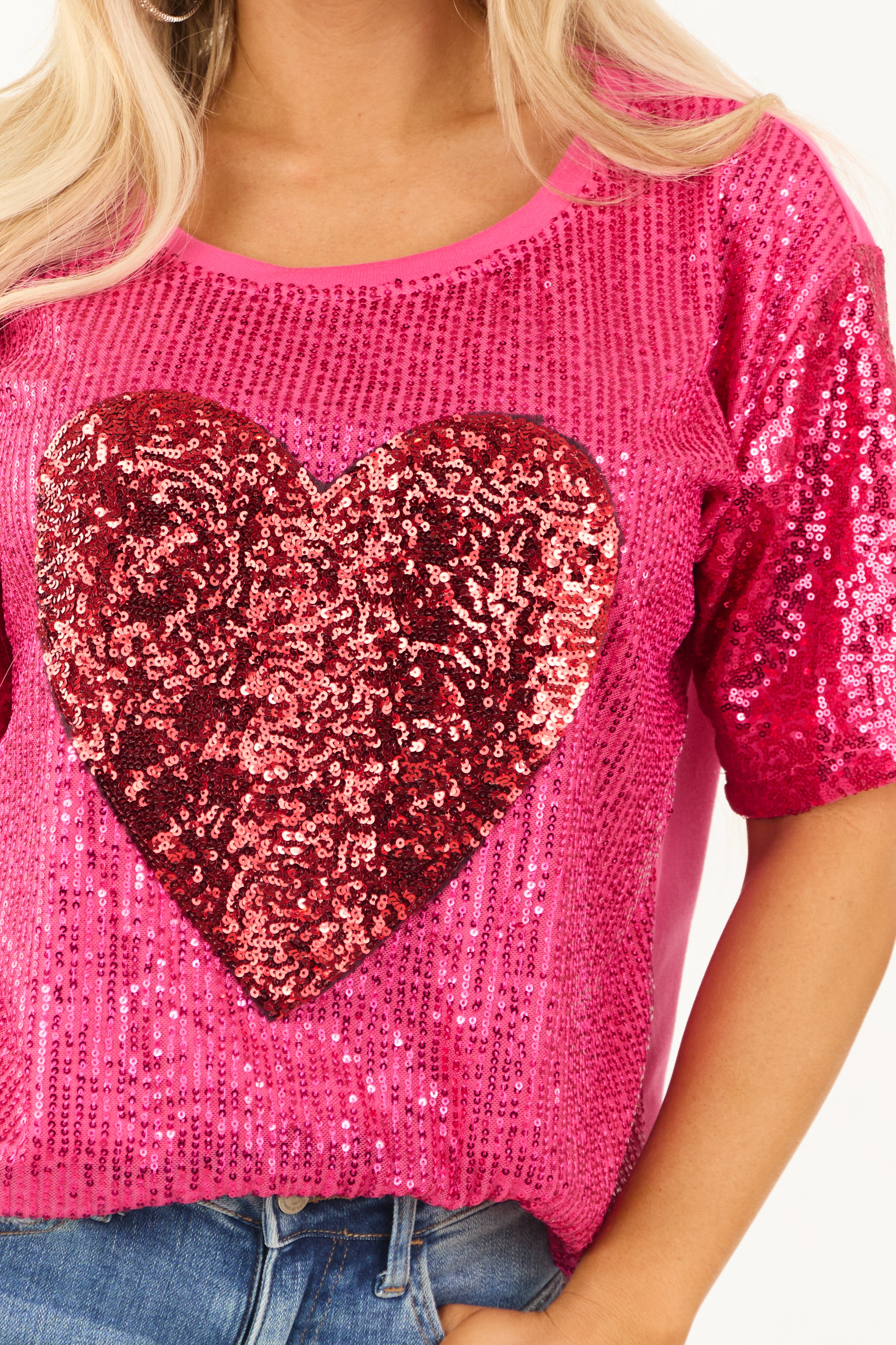 Magenta Sequined Heart Short Sleeve Top