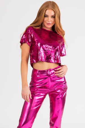 Magenta Short Sleeve Sequin Crop Top