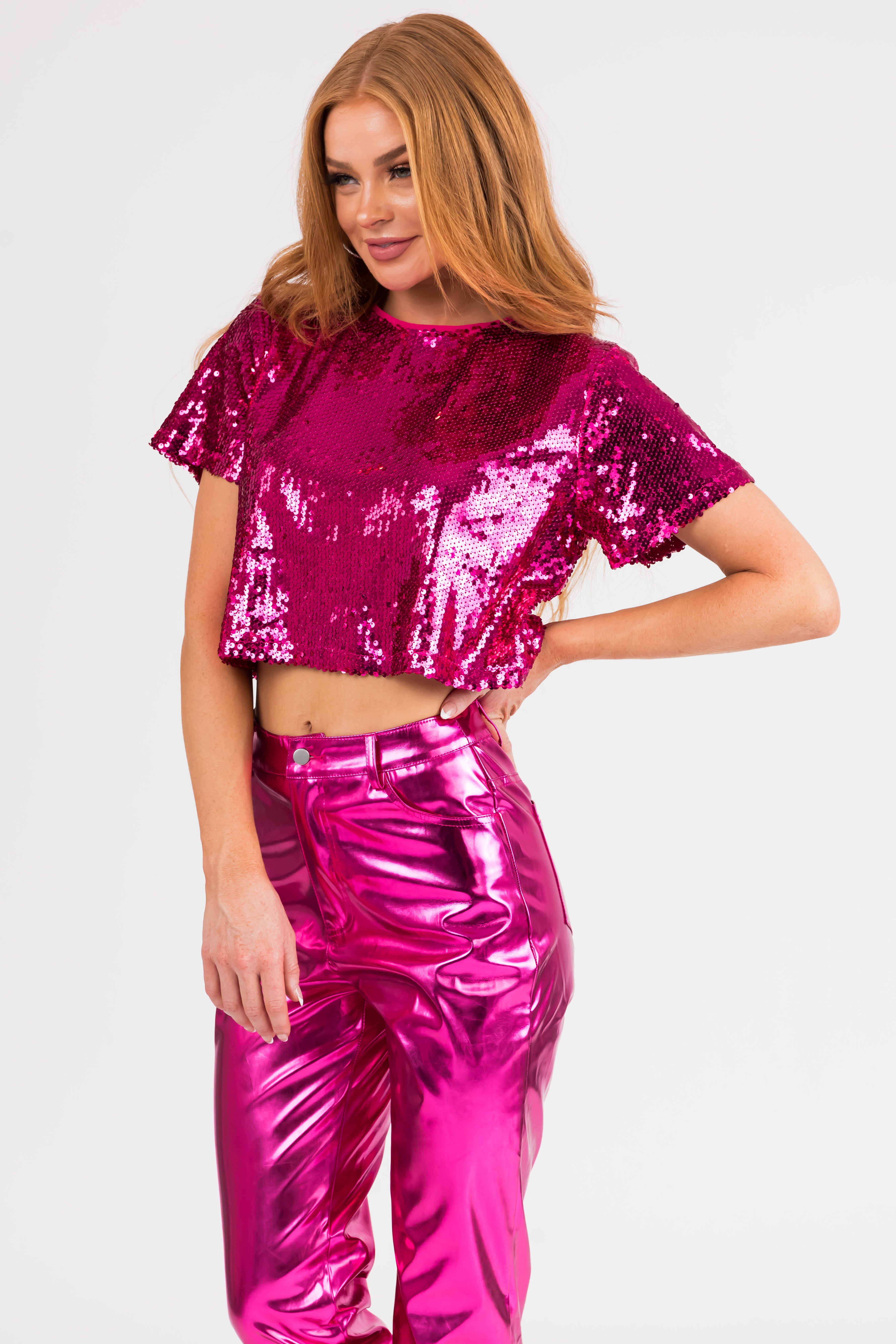 Magenta Short Sleeve Sequin Crop Top