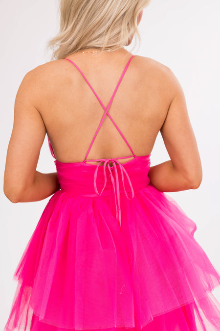 Magenta Sleeveless Back Tie Ruffle Mini Dress