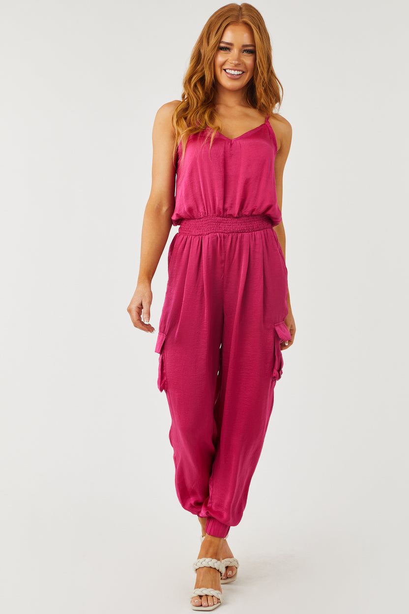 Magenta Sleeveless Smocked Waist Cargo Jumpsuit