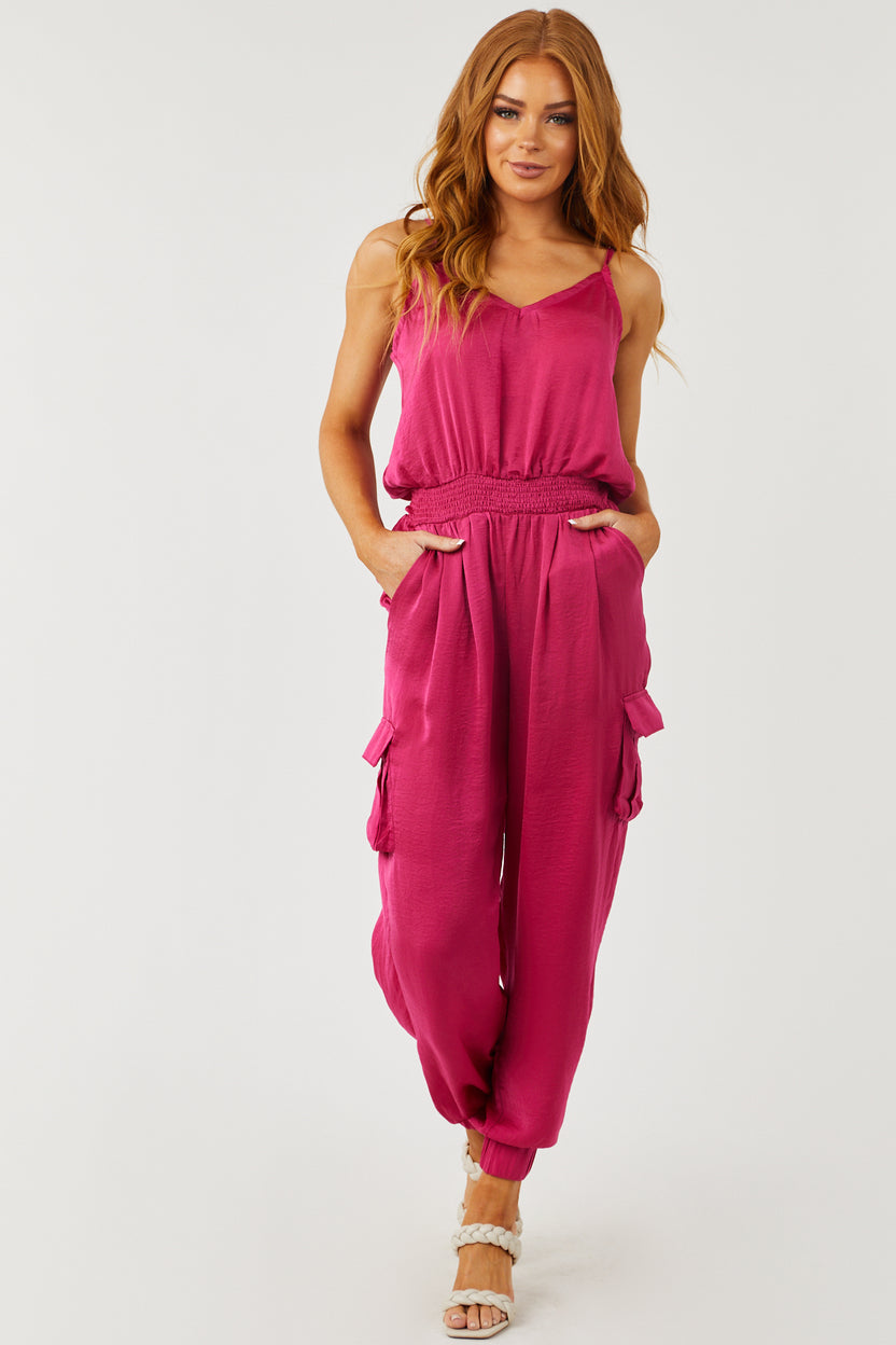 Magenta Sleeveless Smocked Waist Cargo Jumpsuit