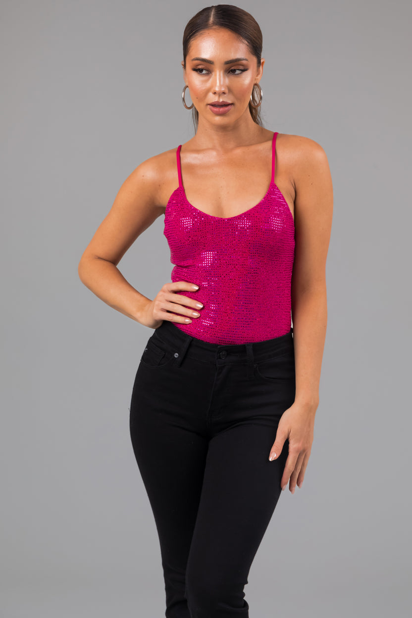 Magenta Strappy Back Sequined Bodysuit