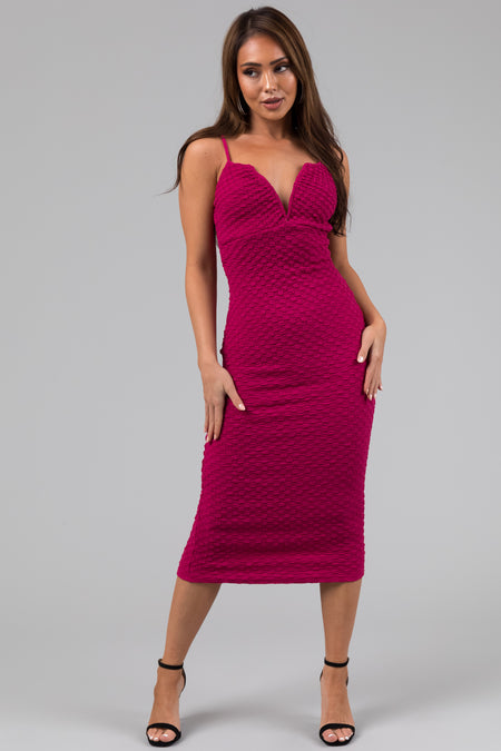 Magenta Textured Deep Sweetheart Neck Midi Dress