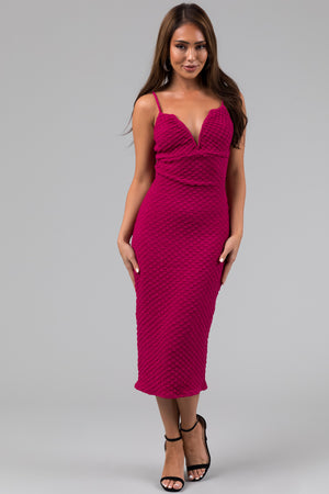 Magenta Textured Deep Sweetheart Neck Midi Dress