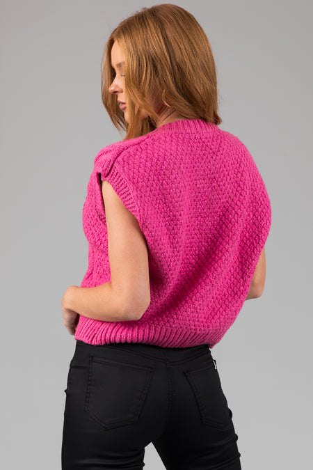 Magenta Thick Cable Knit Button Sweater Vest