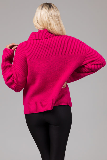 Magenta Thick Ribbed Knit Turtleneck Sweater